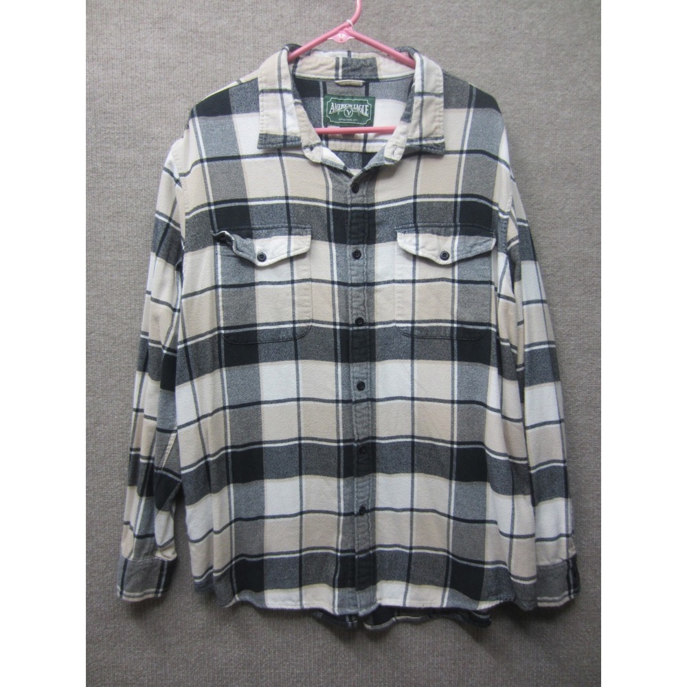 American Eagle Mens XXL Flannel Shirt Plaid Long Sleeve Cotton Button Down Cream
